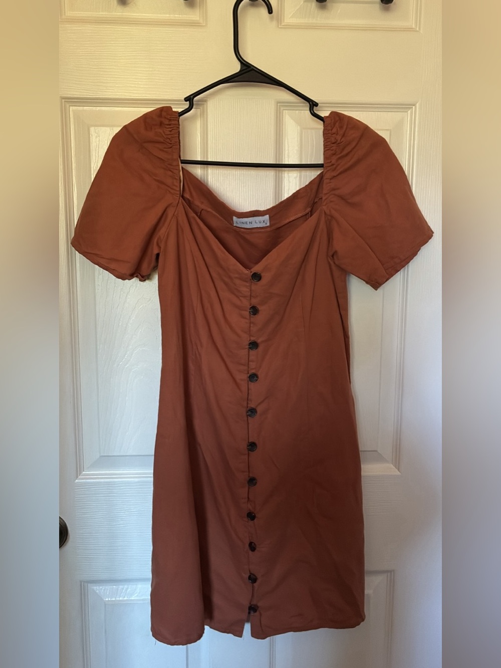 Linen Lux Button-Front Midi Dress in Rust